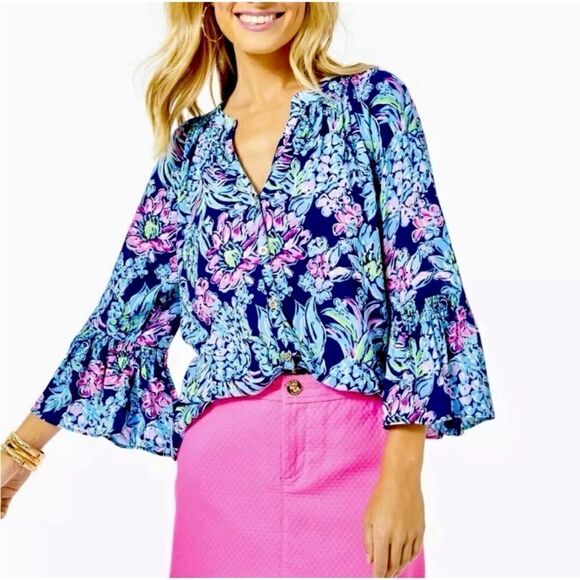 Lilly Pulitzer Women's Dakota Blouse Top In Pineapple Paradise Size S - Picture 1 of 11